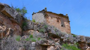 Dovecotes and landscape and in the surroundings of the town of Yelo seen from a drone in the region of Arcos de Jalón. Soria Province. Castile and Leon. Spain. Europe