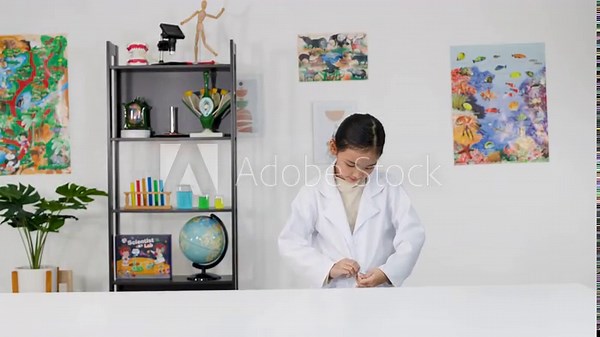 Young Asian Girl in Lab Coat Fastening Buttons for Science Class