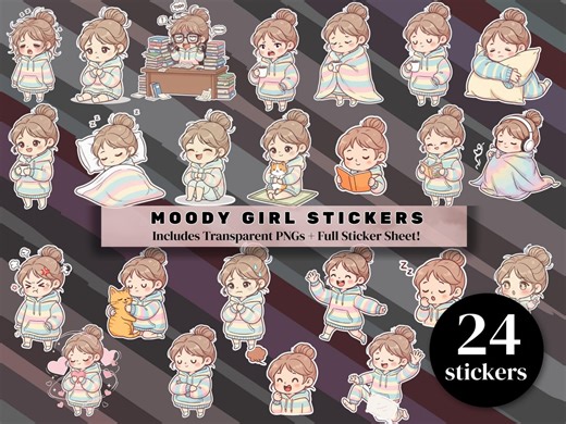 Moody Girl Stickers, Cute Girl Emotions, Kawaii Planner Stickers, Digital Clipart PNG, Digital Download, Girly Aesthetic, Printable Sticker - Etsy