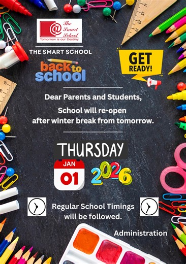 Dear Students, ☀️ Winter vacations are now over. We warmly welcome our students back to school.☀️ All students are expected to: 👉Follow school discipline and rules. 👉Be punctual and regular. 👉Bring complete winter vacation homework. 👉Submit the homework to the class teacher on the first day. 🌈Let us begin with responsibility, positivity, and dedication. “A new year brings new beginnings—come to school with discipline in actions and dreams in your heart.” Administration #TheSmartSchool #yehm