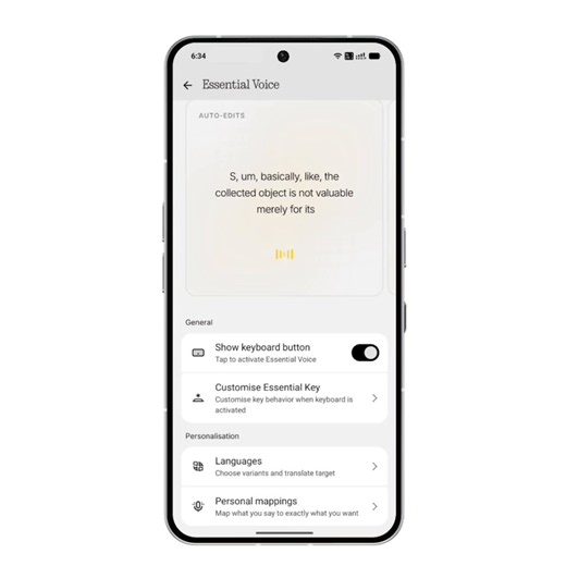 Essential Voice updates are rolling out 🗣️Now faster and more accurate, with less waiting around.Customise Essential Key while using the keyboard. Choose long-press or double-press to transcribe in over 100 languages, or translate in over 70 languages.Set it up from Settings > Intelligence toolkit > Essential Voice > Customise Essential Key.