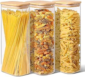 ComSaf 2.2 Qt Rectangle Glass Storage Containers with Lids, Glass Jars with Bamboo Lids, Clear Food Storage Jar, Tall Spaghetti Container, Pantry Storage Container for Pasta Flour Oats Nuts Rice