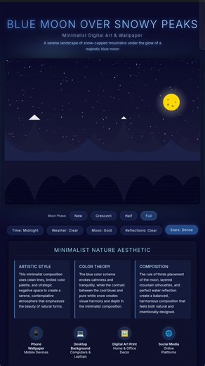 Blue Moon Over Snowy Peaks | Minimalist Digital Art Wallpaper Using HTML, CSS & JavaScript