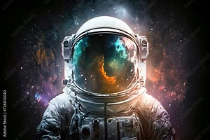 Astronaut in space suit with galaxy and nebula reflection in helmet glass