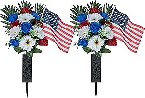 Memorial Day Flowers for Cemetery: 2 Pcs Outdoor Grave Decorations - Artificial Patriotic Cemetery Flowers for Grave - Red White Blue Roses with American Flags Vase for Veterans