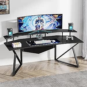 Tribesigns Computer Desk, 70.9" Large Home Office Desk with Monitor Stand, Modern Wing-Shaped Gaming Studio Desk Study Table Workstation for Live, Streamer, Black
