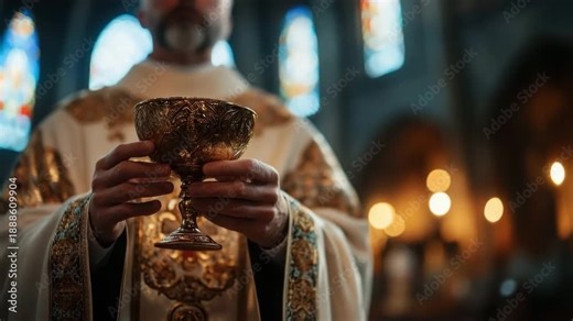 Christian priest holding a chalice during the eucharist ceremony in a historic church