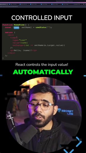 Controlled Inputs in React Explained (Forms, State & preventDefault) In React, when an input’s value is linked to a state variable, the input becomes controlled by React. That means every change updates the state, and React automatically updates the UI — no manual DOM handling needed. In this lesson, I explain how controlled components work, why they’re essential in single-page applications, and why preventDefault() is critical when submitting forms. Instead of reloading the page, we capture the