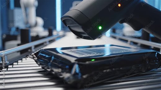 digital transformation automation ecosystem concept. Barcode scanner scanning a package on a conveyor belt in an automated warehouse.