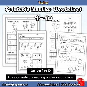 Printable Number 1-10 Worksheet for Preschool and Kindergarten| Number Tracing, Writing, Counting, Coloring, Practice Activities - Etsy