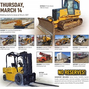 We're selling construction equipment to the highest bidders at http://purplewave.co/190314fv. Place your bids on heavy trucks, trailers, graders, skid steers, paving equipment, loaders, excavators, rollers, forklifts, a dozer, shop tools and more. Bidding is open now and we'll sell each of more than 140 items without a reserve or minimum bid on Thursday, March 14, beginning at 10 a.m. Visit http://purplewave.co/190314fv to get started. | Purple Wave Auction