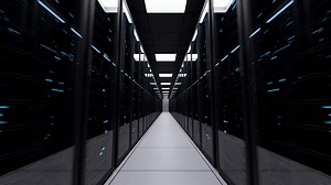 Download Powerful server room in modern data center. Cloud computing data storage 3d rendering. Walkthrough racks of network. Data servers behind glass panels in a server room. for free