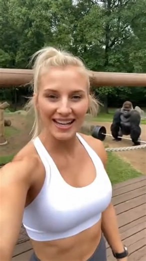Common on Instagram: "Woman at zoo—camera reveals SUPER MUSCULAR gorilla LIFTING WEIGHTS (that's my sweetheart) Zoo. OPEN gorilla exhibit. ELEVATED platform tourists. NO glass or BARRIERS. Fit influencer woman—20s, YOGA pants, WHITE sports bra, BLONDE, athletic—at PLATFORM. SMILING at us. "Ok guys so this GORILLA has MYOSTATIN inhibition." Then BETTER VIEW. Camera PANS reveals SUPER MUSCULAR big gorilla. Looks like OUTDOOR GYM just for GORILLA. Gorilla LIFTING SUPER HEAVY WEIGHTS. WORKING OUT. A