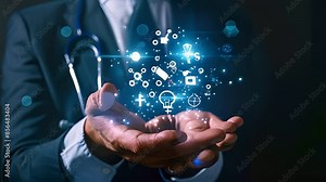 Medicare icon with technology icon in doctor's hand