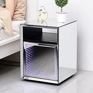 Yoglad Mirrored Nightstand with Sleeping Lamp, Storage Bedside Table, LED RGB Light Gloss Cabinet Accent/End Table with Shelf & Drawer, Modern Furniture for Bedroom, Living Room (Single, Silver)