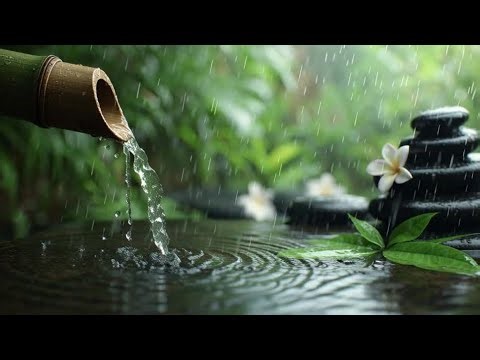 Relaxing Music Piano & Rain on Bamboo Water Fountain For Deep Sleep, Insomnia, Depression & Anxiety