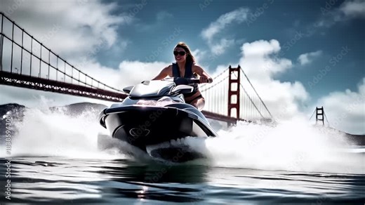 A woman in a black bikini is riding a jet ski on a body of water. The jet ski is in motion, creating a wake behind it.