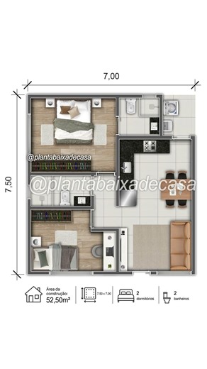 PLANTA DE CASA PEQUENA COM 2 QUARTOS E SUITE 52m² | TINY HOUSE | #plantabaixa #tinyhouse