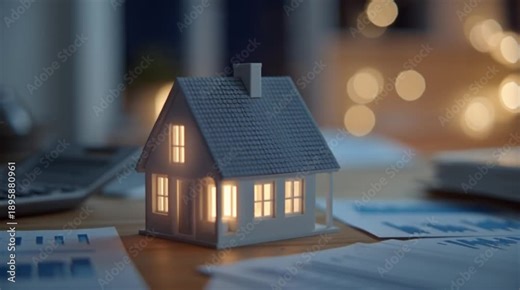 A small house model with glowing windows sits on a desk amidst papers and a laptop.