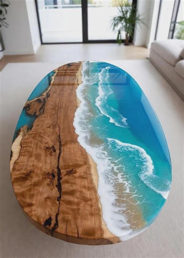 Ocean Wave Blue Dining Table – Live Edge Epoxy River Table, Modern Coastal Home Decor