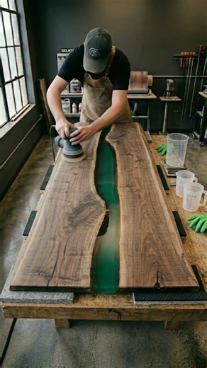 Raw Walnut to Emerald Epoxy River Desk ✨