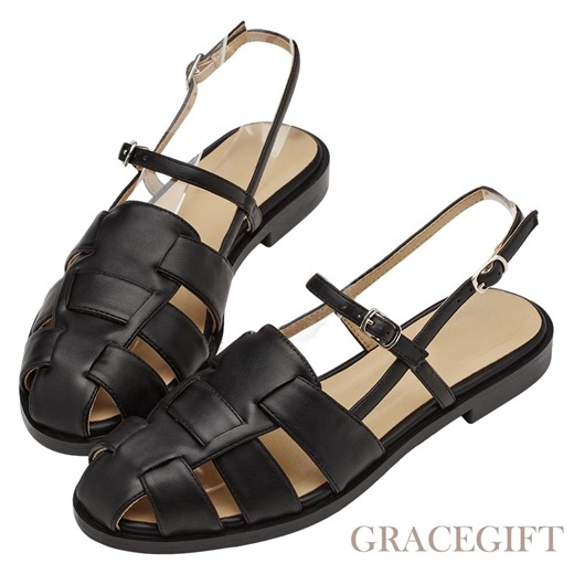 【Grace Gift】東京步調編織羅馬平底涼鞋 黑 | 厚底 | Yahoo購物中心