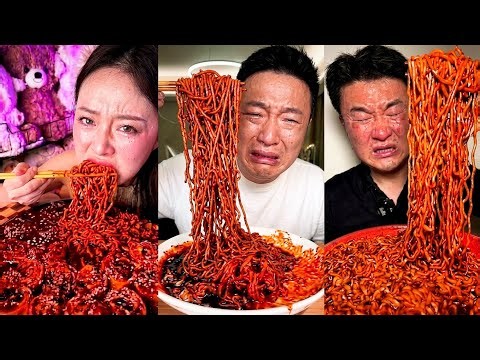 EATING EXTREME SPICY HUGE NOODLE PULL 🍜🔥 EXTREME SPICY RED NOODLES 🌶️ ASMR MUKBANG