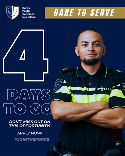 4 𝒅𝒂𝒚𝒔 𝒍𝒆𝒇𝒕. If you were waiting for a sign… Well, here it is. IN ALL CAPS. With a deadline. 👉 Apply now! https://english.rijksdienstcn.com/working-at-the-rijksdienst-caribisch-nederland/vacancies/kpcn-trainee-police-officers ------------------------------------------------------ 𝑵𝒐𝒈 4 𝒅𝒂𝒈𝒆𝒏. Wachtte je op een teken? Nou, hier is ’ie. IN HOOFDLETTERS. Met een deadline. 👉 Solliciteer nu! https://www.rijksdienstcn.com/werken-bij-rijksdienst-caribisch-nederland/vacatures/kpcn-aspi