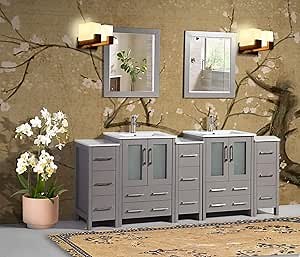 Vanity Art 84 Inch Under Mount Double Sink Bathroom Vanity Cabinet with 2 Mirrors, Ceramic Top Bathroom Cabinet Compact Set with 13 Dovetail Storage Drawers and Brushed Nickel Handles, VA3024-84-G