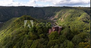 Aerial drone view on Montclair castle, on the mountain in the Saarschleife, Germany.