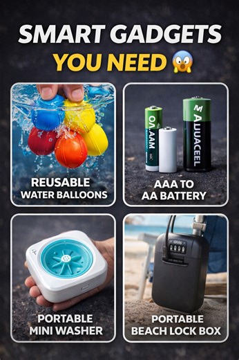 @cinecritichub on Instagram: "7 Smart Gadgets That Make Everyday Life Easier 🤯 From reusable water balloons that seal themselves to a portable washer made for travel, these clever gadgets solve small but annoying problems. Whether it’s saving batteries, keeping sheets tight, separating eggs cleanly, or protecting valuables at the beach, each one is designed to be simple, practical, and surprisingly useful. smart gadgets, useful inventions, everyday tools, reusable water balloons, battery conver