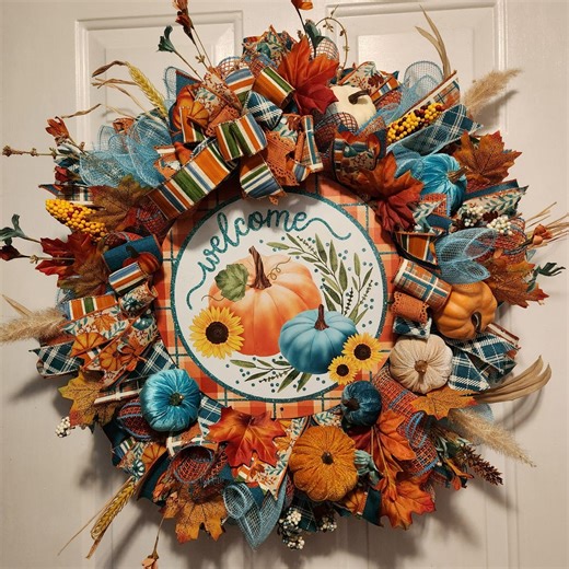 Autumn Teal and Orange Pumpkins 'welcome' Wreath: Rustic Fall Decor - Etsy