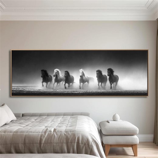 Wild Horse Panorama Print, Extra Wide Wall Art, Black White Horse Wall Decor, Panoramic Canvas, Above Sofa Art - Etsy