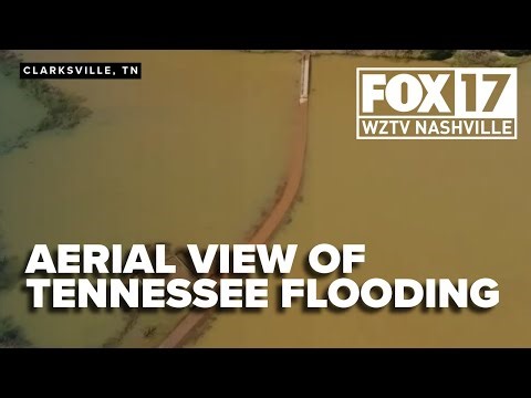 Drone footage shows aerial view of flooding in Clarksville, Tennessee from severe storms