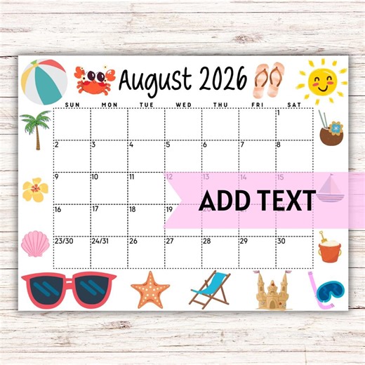 PRINTABLE August 2026 Calendar | Cute August 2026 Calendar W/ Sunglasses | Summer Calendar | Monthly Calendar | Editable Wall Calendar 2026 - Etsy