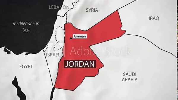 Jordan Map - Fast Zooming from World Map. Animated Motion Graphics Shape Map of the Jordan. 4K Resolution Stock Video for News, Vlogs etc.