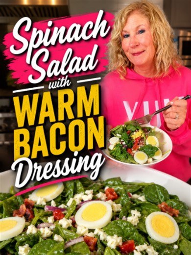 Spinach Salad with Warm Bacon Dressing Serves 4 Ingredients: 8 ounce package spinach 1/4 cup thinly sliced red onion 1/2 cup sautéed mushrooms 3 hard boiled eggs, sliced 4 thick sliced bacon, cooked and chopped I tomato, diced 1/2 cup feta cheese, crumbled For dressing: 2 tablespoons warm bacon fat 2 tablespoons red wine vinegar 1/2 teaspoon Dijon mustard 1 teaspoon Italian seasoning Directions: In a large mixing bowl add the spinach topped with the red onion, mushrooms, egg slices, bacon, tomat
