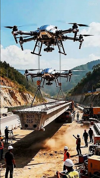 Futuristic Drones Lifting Heavy Bridge Segment for Highway Construction