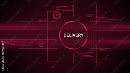 A high-tech digital head-up display featuring the word delivery centered within data streams, network icons, and numerical code on a dark red background.