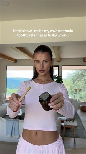 Katherine Sara on Instagram: "nontoxic toothpaste recipe: most toothpastes are filled with chemicals you’d never want in your mouth daily. here’s how i make my own nontoxic version, using calcium carbonate, bentonite clay, baking soda, coconut oil, peppermint, a little hydrogen peroxide, and calcium phosphate. it whitens, freshens, and even helps remineralize without the toxins."
