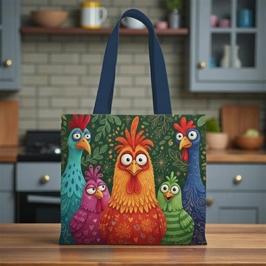 Funny Chicken Printed Tote Bag, Colorful Hen Art Tote, Farm Chicken Lover Gift, Whimsical Chicken Illustration Bag, Everyday Market Tote - Etsy