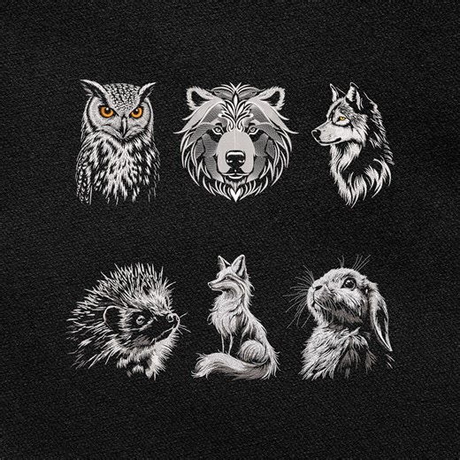 Woodland Animals Machine Embroidery Designs Bundle, Owl Bear Wolf Fox Hedgehog Rabbit White Thread Portraits for Dark Fabric - Etsy