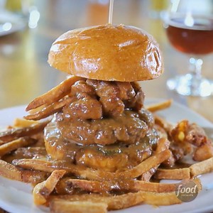 There are NO WORDS for this Poutine Burger topped with fries and cheese curds 😱 (via Samples Longmont) #DDD with @GuyFieri > Fridays at 9|8c | Food Network