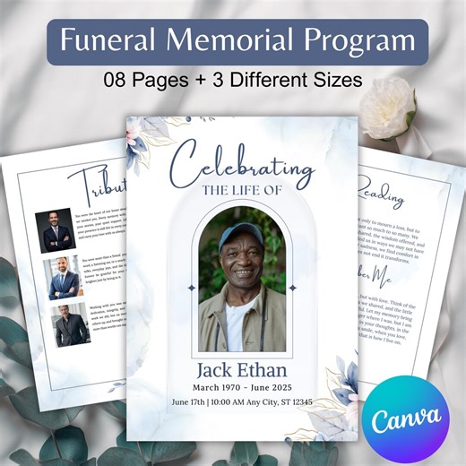 08 Elegant Funeral Program Template, Canva Editable Memorial Program, Memorial Service Designs, Obituary Celebration of Life Program Digital - Etsy