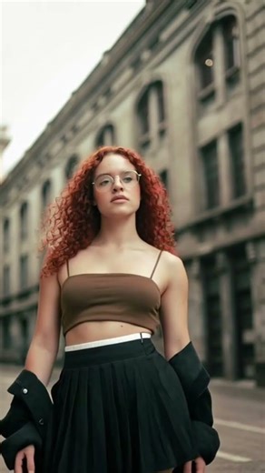 Red Curly Haired Model Stuns in Brown Crop Top & Black Skirt – Exclusive Street Fashion Modeling