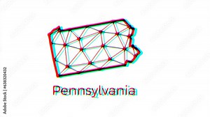 Pennsylvania state map animation in polygonal style with glitch effect, 4k resolution video, US states motion graphics