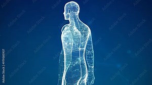 A 3D human figure crafted from glowing lines and nodes, set against a blue gradient. It symbolizes the fusion of technology and human anatomy, embodying innovation and connectivity.