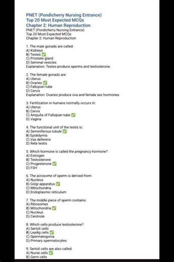 🧬 Pondicherry Nursing Entrance (PNET) 2026 Biology Revision📘 Chapter: Human Reproduction✅