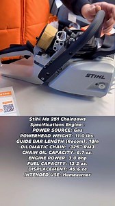 Stihl Ms 251 Chainsaws Specifications Engine : 😍😍🤩🤩 POWER SOURCE: Gas POWERHEAD WEIGHT: 11.0 lbs. GUIDE BAR LENGTH (Recom): 18in OILOMATIC CHAIN: .325" RM3 CHAIN OIL CAPACITY: 6.7 oz. ENGINE POWER: 3.0 bhp FUEL CAPACITY: 13.2 oz. DISPLACEMENT: 45.6 cc INTENDED USE: Homeowner #fblifestyle #husqvarna #engine #chainsaw #stihl #motosierras #motorfúrész #kettensäge #tronçonneuse #chainsawman #stihlchainsaw #motosega #motosierra #motorsage #láncfűrész | Xi Farhan AiXi