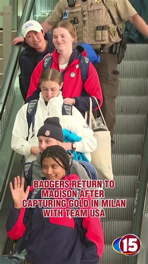 HOME SWEET HOME: Laila Edwards, Kirsten Simms, Caroline Harvey, and Ava McNaughton made their returns to Madison, after capturing gold with Team USA! The #Badgers are now after a different kind of hardware, with the first round of the WCHA Tournament underway on Friday. #hockey #teamusa #sports #olympics